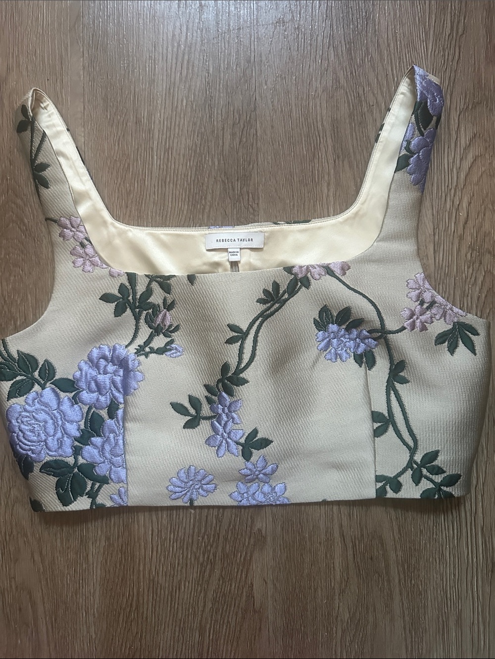Rebecca Taylor Cream Cropped Floral Embroidered Camisole with Lavender Blooms